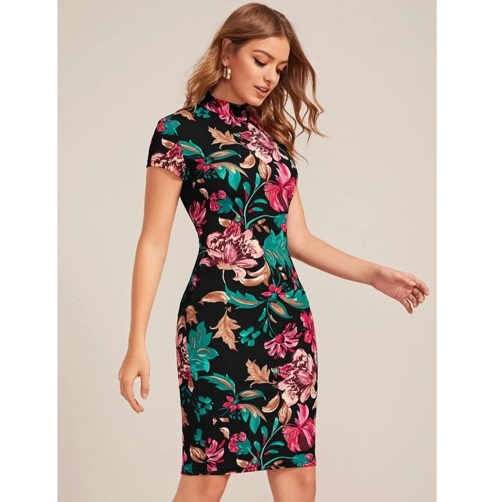 Floral Pattern Black Slim Dress Knee Length - Picture 4 of 9